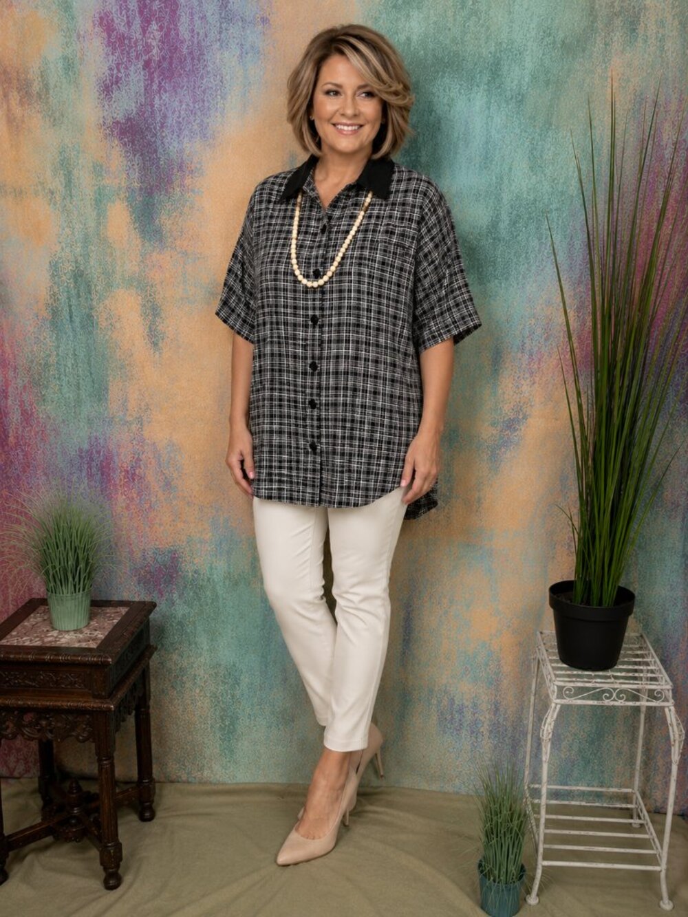 📌Plus Factory Plus Size Cotton Button Down Blouse with Short Sleeves